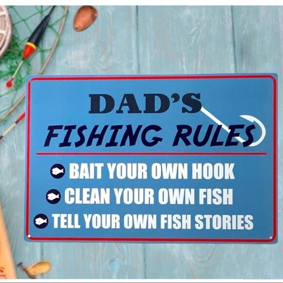 Metal Sign Dad’s Fishing Rules Wall Plaque Retro Vintage Style Coastal Nnautical - Picture 7 of 14